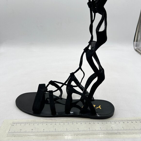 YDN Black Sexy Knee High Lace up Flats Fringe Low Heel Gladiator Strap Sandals - Picture 2 of 8